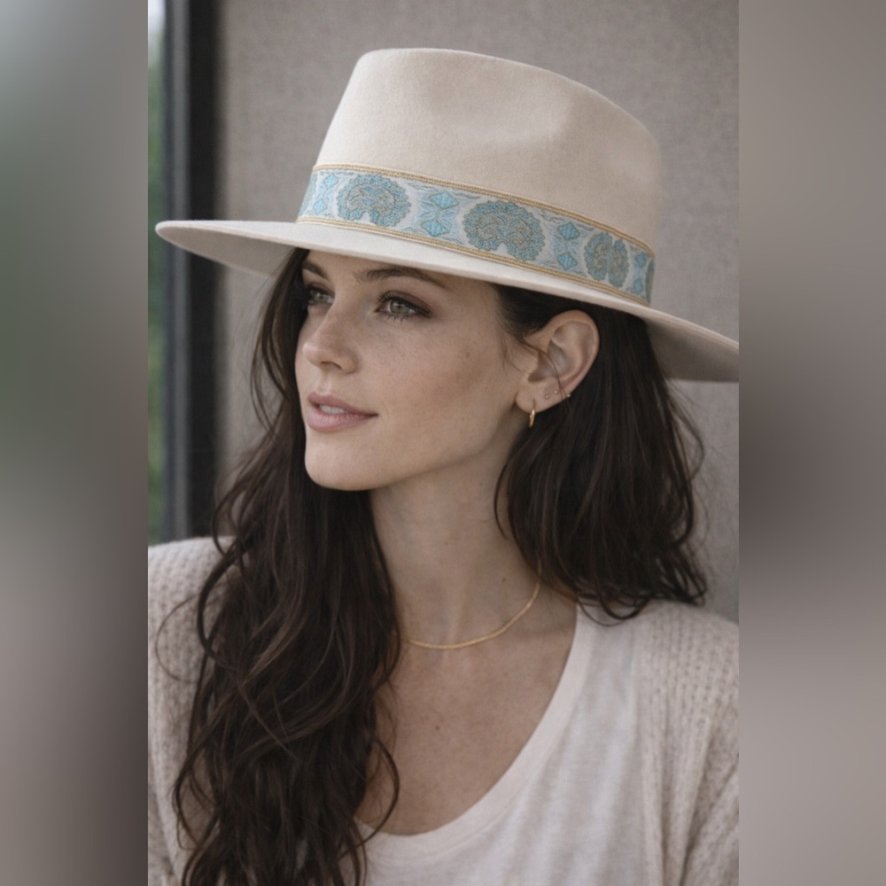 Lack Of Color AQUA BEVERLY Cream Wide-Brim Wool Hat Turquoise Embroidered Band